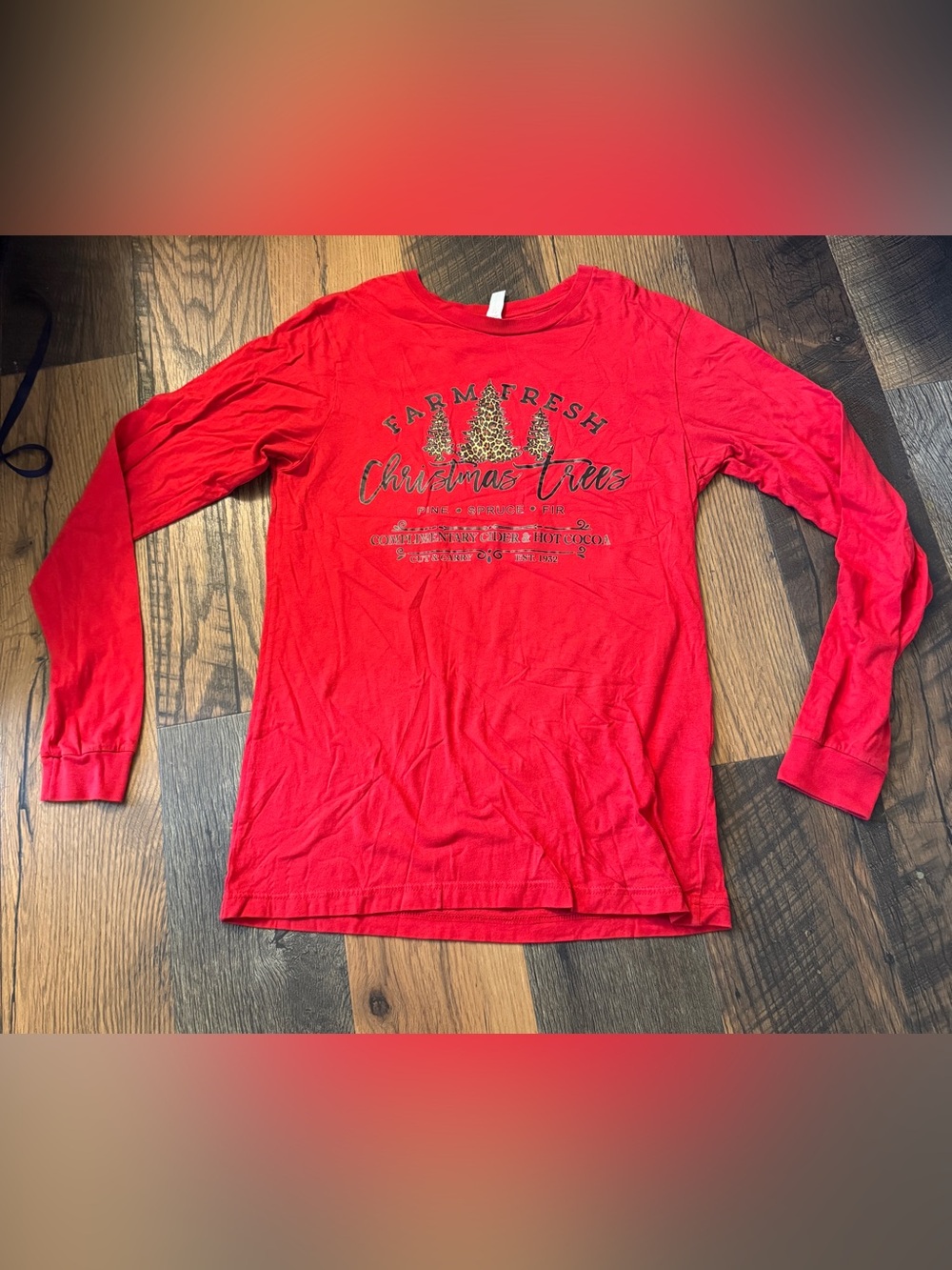 Never Worn Women's Red Long Sleeve Christmas Trees Graphic Tee - Picture 2 of 7